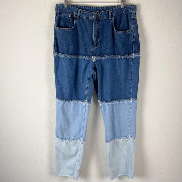 Ragged Priest Mom Jeans Womens 36 Blue Patchwork Frayed Boho Urban Streetwear - Picture 1 of 14